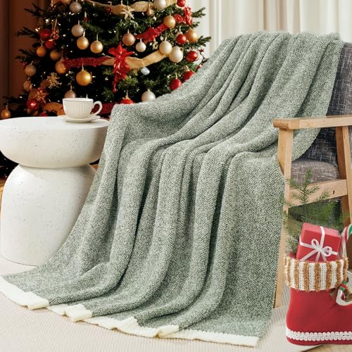 NEXHOME PRO Super Soft Throw Blankets for Couch, Reversible Warm Blankets Cozy Knit Blanket for Women, Fuzzy Plush Lightweight Throws for Sofa, Bed, Picnic, Sage Green White, 50 x 60 inches