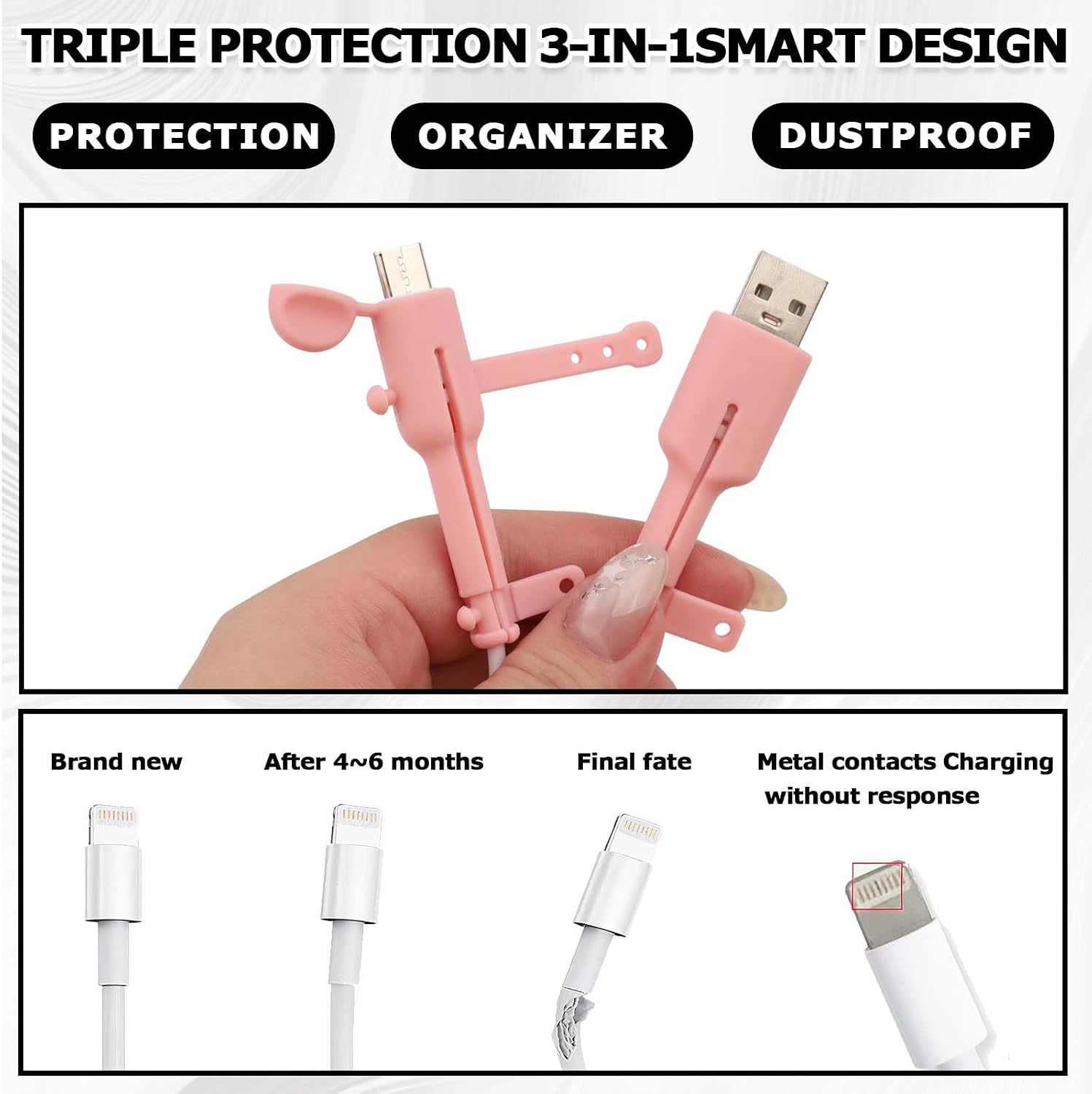 6 Pairs Charger Cable Protectors, 6-Color Silicone Charger Cord Organizers - 3 in 1 Double-End Data Cable Protection Cover Cord Organizer Compatible with USB-C Laptops & Phones
