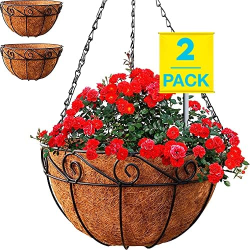 Hanging Planters for Outdoor Plants (2 Pack) 14" Extra Deep Hanging Baskets for Plants Outdoor, Outdoor Hanging Planters with Coco Liners, Heavy Duty Metal Watering Hanging Flower Basket Planter