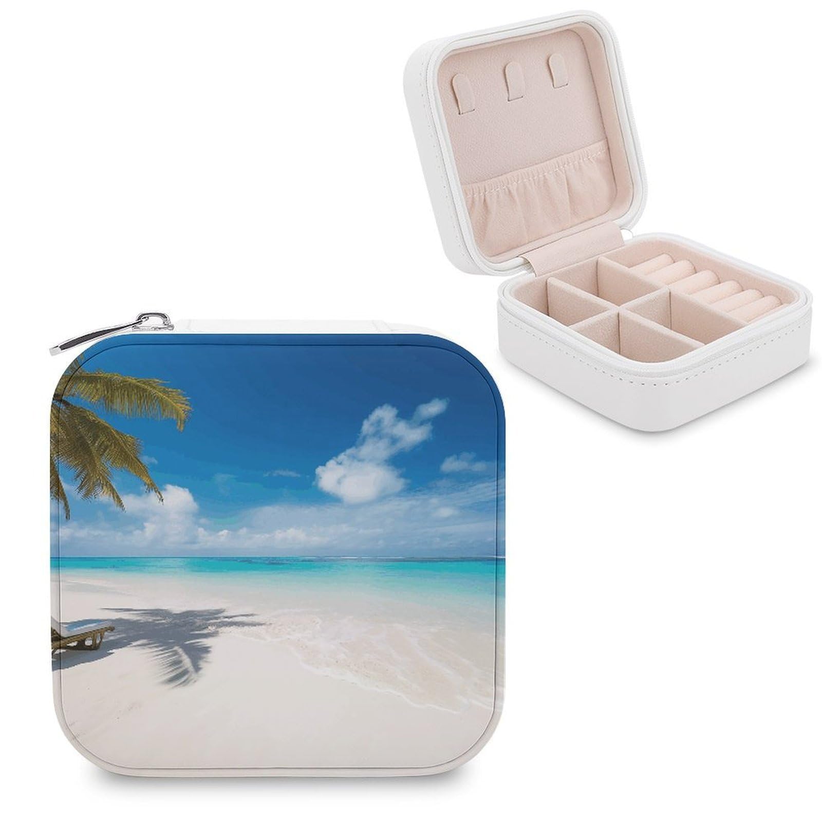 FekiLoot White Beach Tropical Sea Travel Jewelry Box Small Jewelry Organizer Storage Case Portable PU Leather Mini Jewellry Travel Case Necklace Ring Storage Organizer Gift for Women