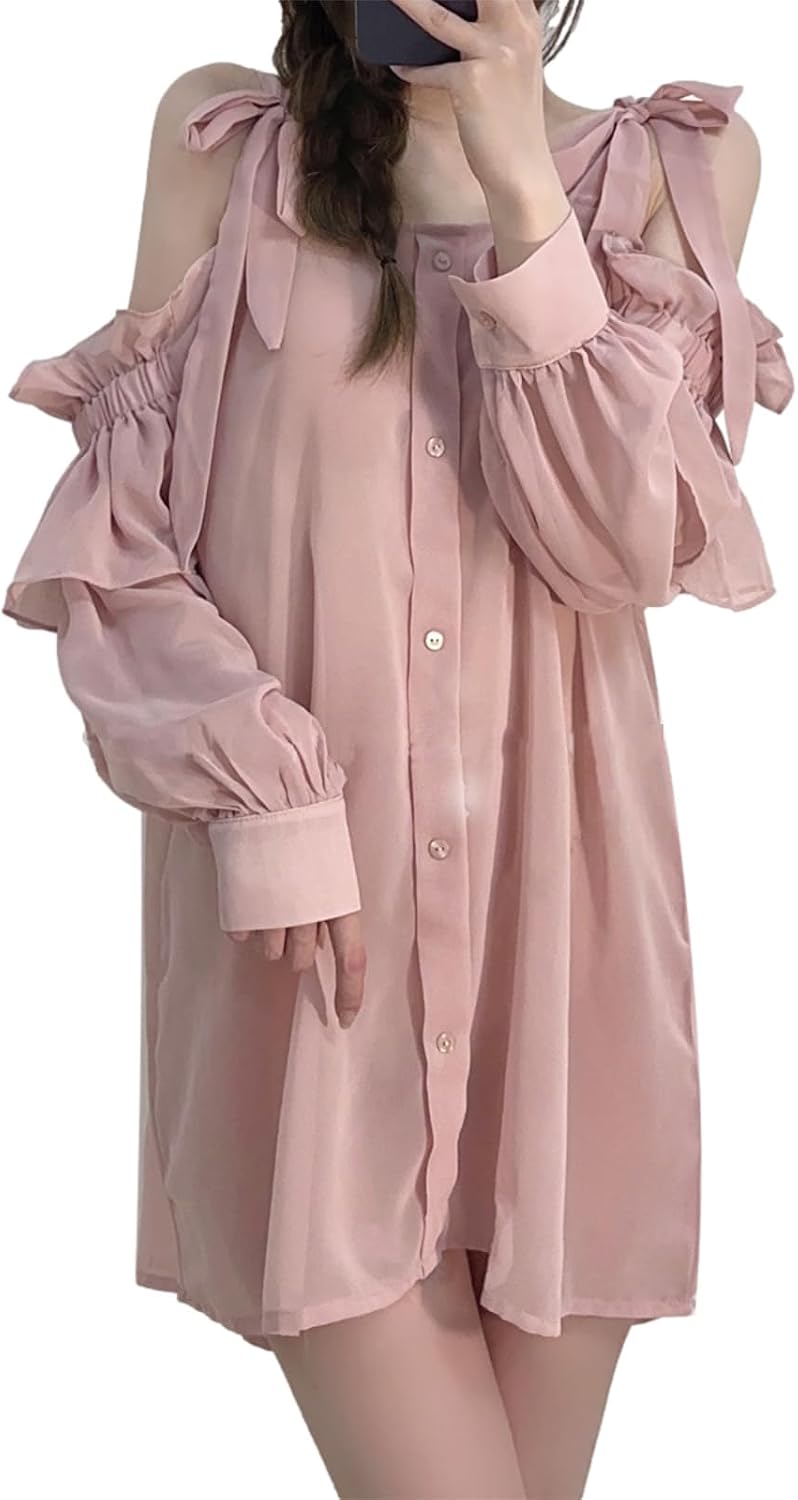 Women Sexy Nightgown Off Shoulder Long Sleeve Chemise Lingerie Button Down Sleep Shirt Cover Up Sheer Pajama Dress