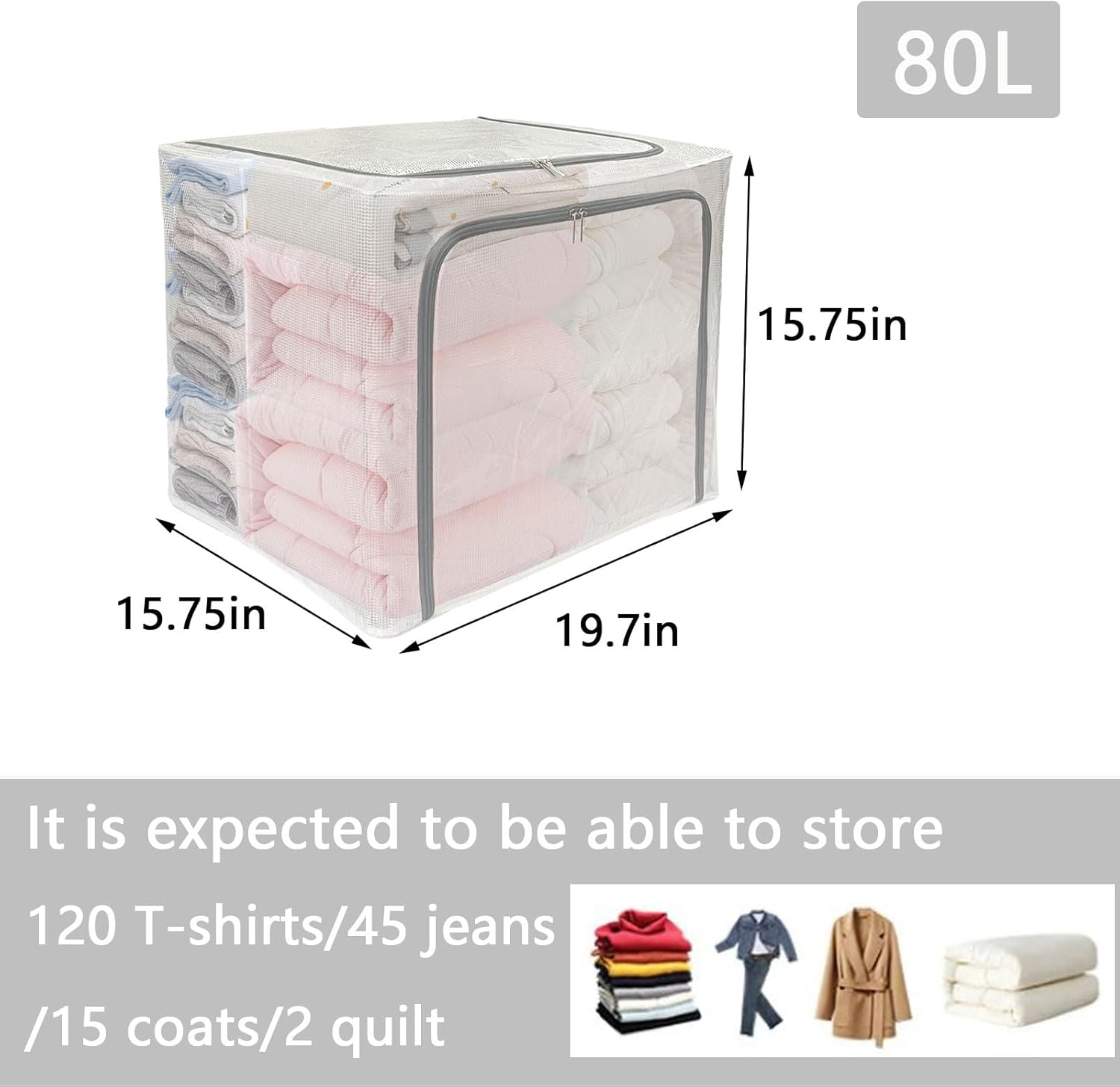 2 Pack 80L Metal Frame Clothes Storage Bins, Clear Waterproof Stackable Closet Organizers and Storage Bins Foldable Steel Frame Storage Box for Comforters Bedding Blankets Clothing Pillows
