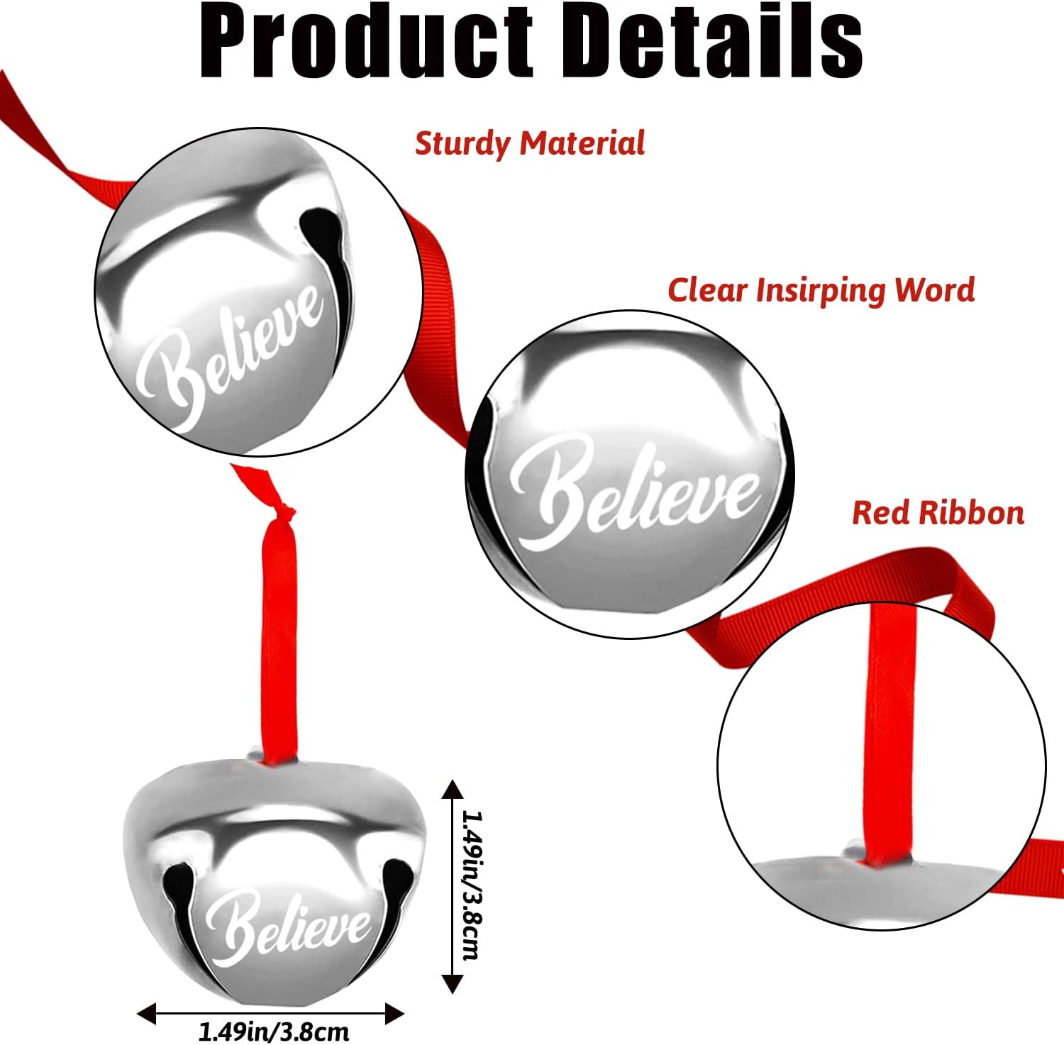 FOIMAS 30pcs 1.6 Inch Believe Bell Ornament Metal Christmas Sleigh Bells with Red Ribbon for Christmas Tree Holiday Decoration,Silver