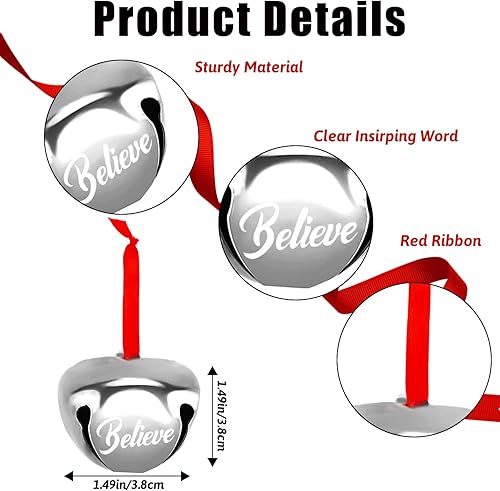 Miniatura 2 de 12 campanas de metal de 1.6 pulgadas Believe Bell con cinta roja para decoración de árbol de Navidad, color plateado