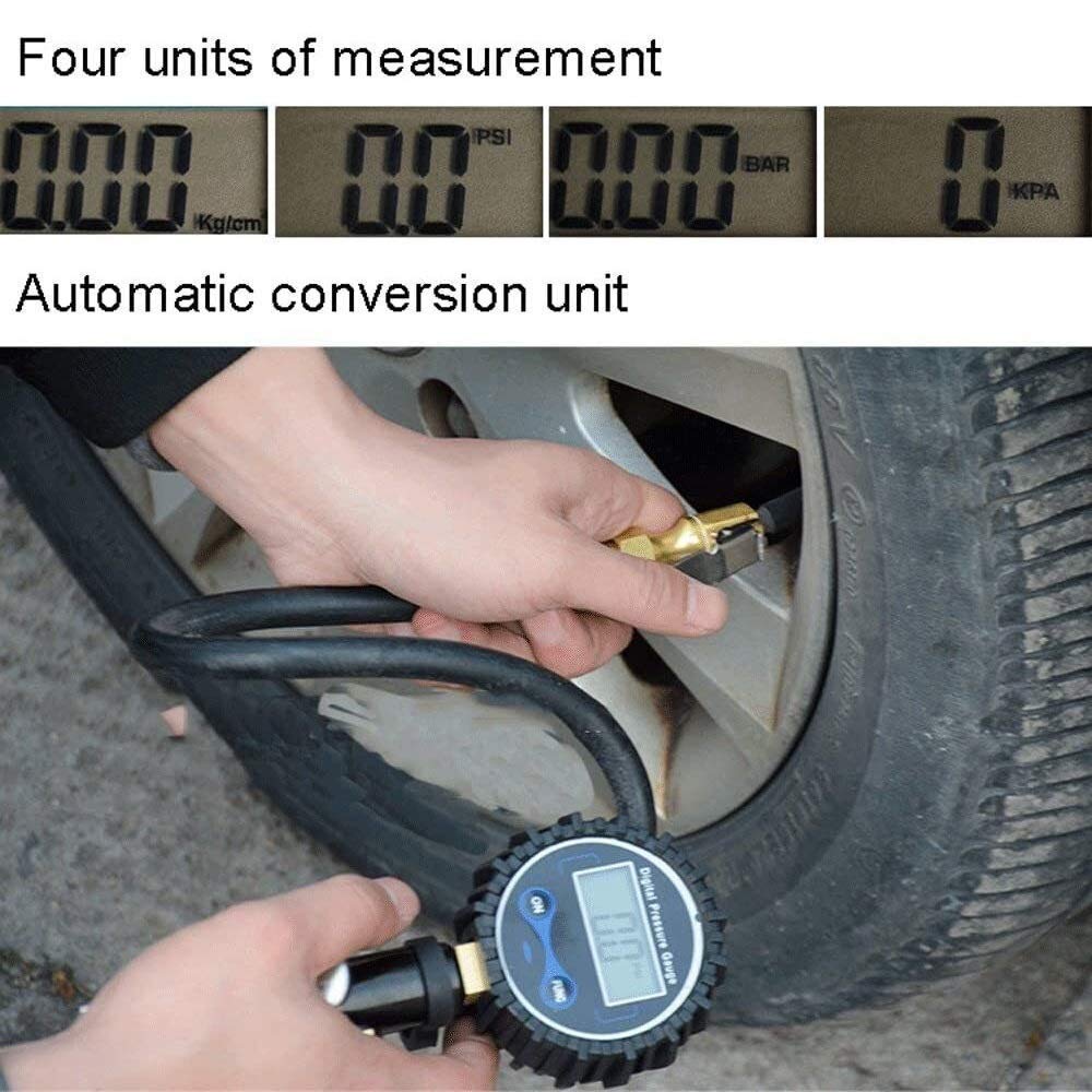 Inflador de neumáticos Digital con manómetro, Mandril de Aire de 200 PSI y Accesorios de compresor Manómetro Digital electrónico de Alta Resistencia Presión de neumáticos