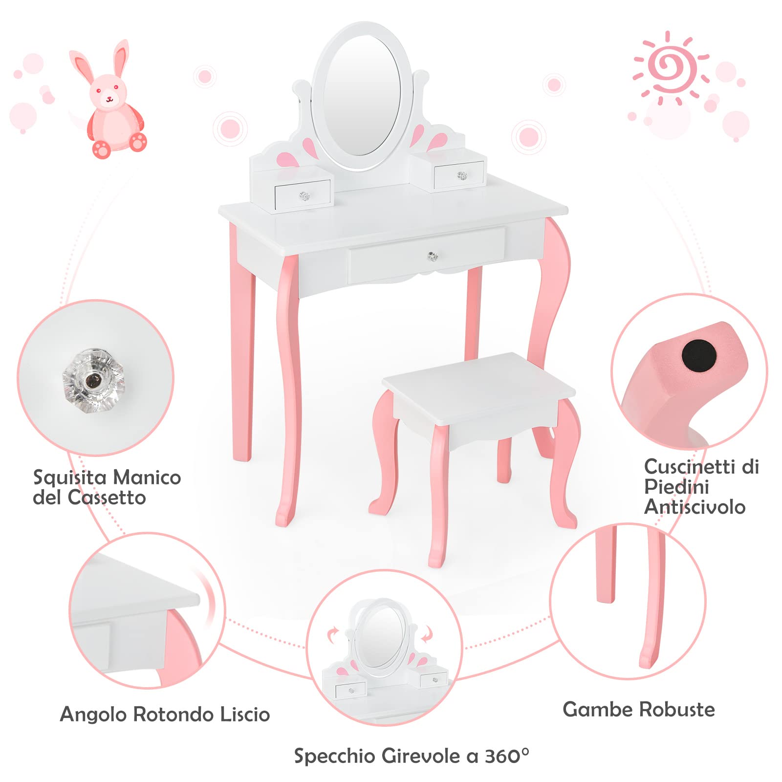 COSTWAY Toeletta Trucco 2 in 1 per Bambina, Specchiera Staccabile per Ragazza in Legno con Sgabello, Portapenni, Cassetto e Specchio Girevole a 360°, Postazione Trucco, 70 x 34 x 105cm (Bianco)