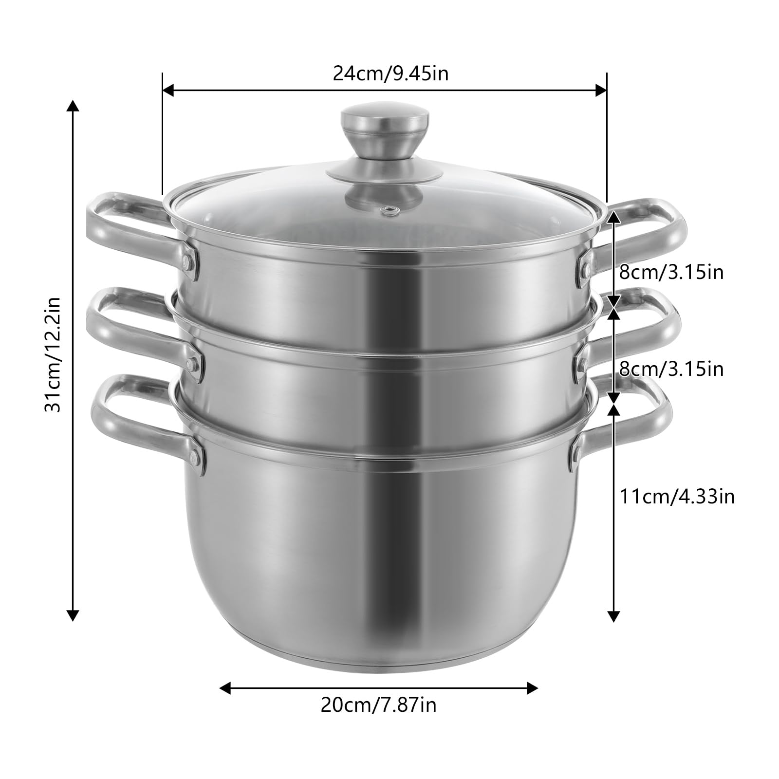 Gardampfkochtopf 3 Etagen Mantowarka Dampfkocher aus Edelstahl, 24cm Dampfgarer Topf Multifunktionale Dampfeinsätzen Kartoffeldämpfer Dampfgartopf Dampfgarer Kochtopf mit 2 Dämpfschalen