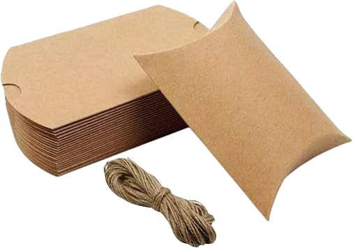 yrlfiot 50 Pcs Kraft Paper Pillow Candy Box, Pillow Boxes, Foldable Gift Box with Jute Rope for Party, Birthday, Wedding, Holiday