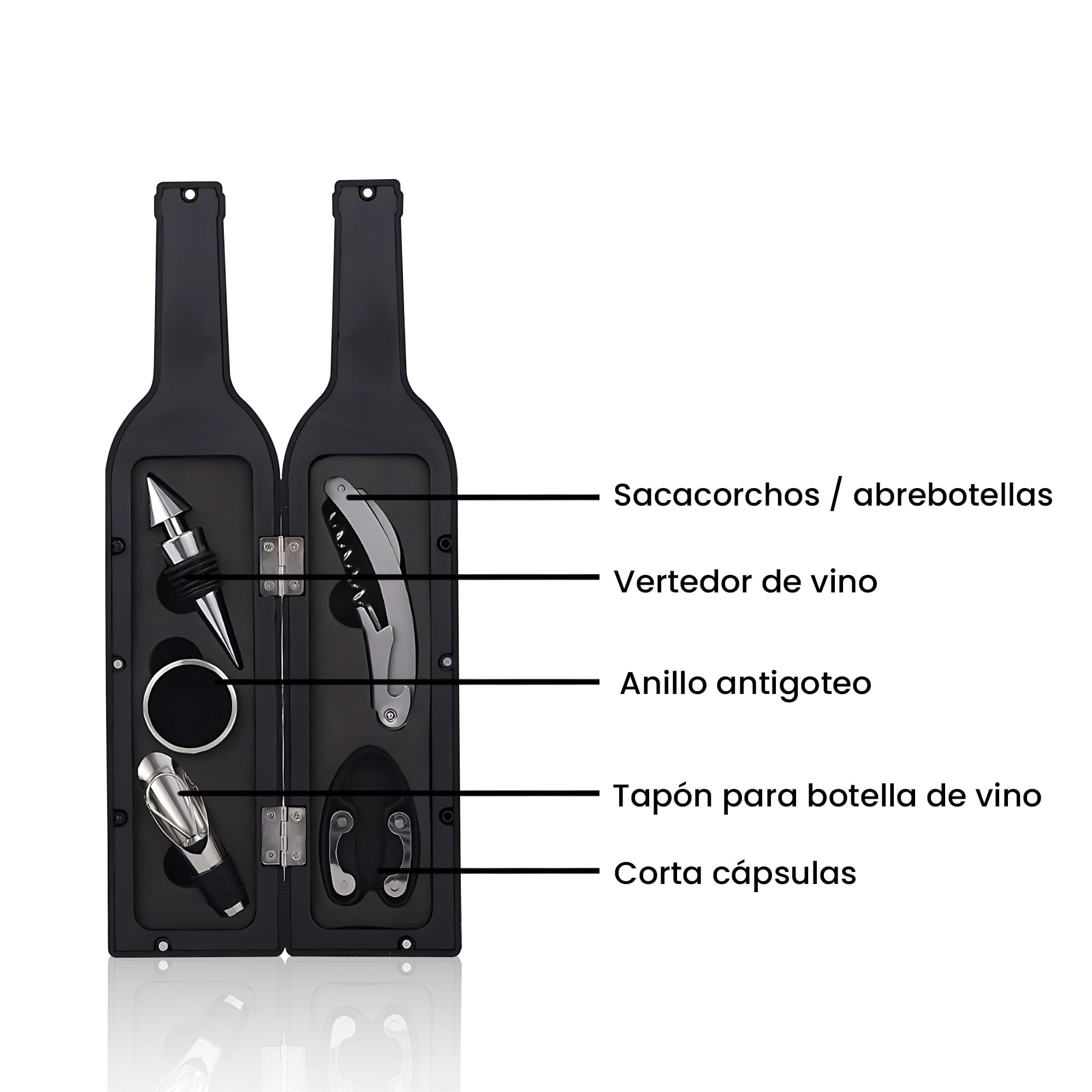 Abridor de vino elegante Estuche - Regalo original - Sacacorchos con corta cápsulas, anillo de goteo, vertedor y tapón de vino