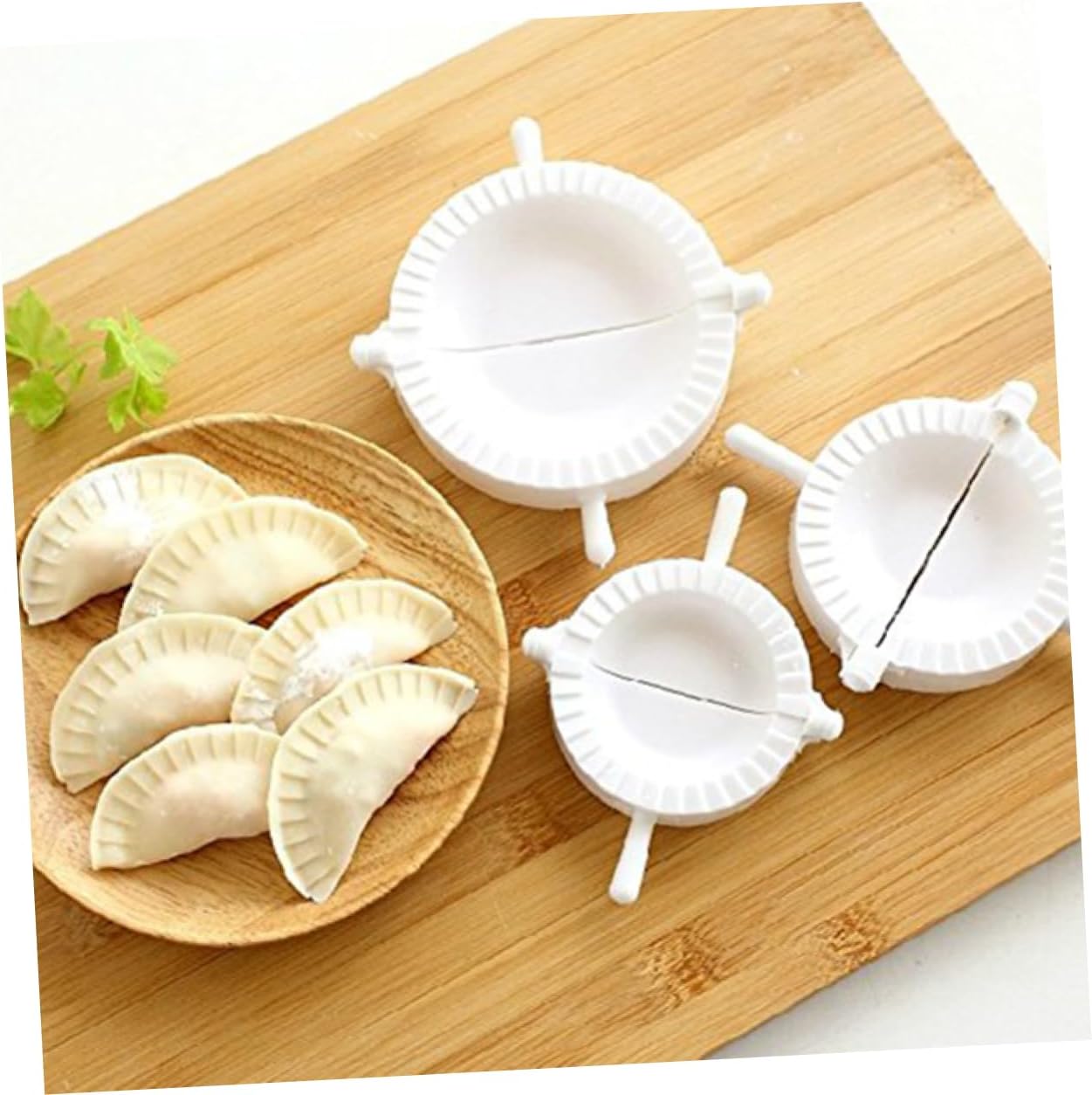 3 Piece White Plastic Dumpling Mold Set with Hinged round Press