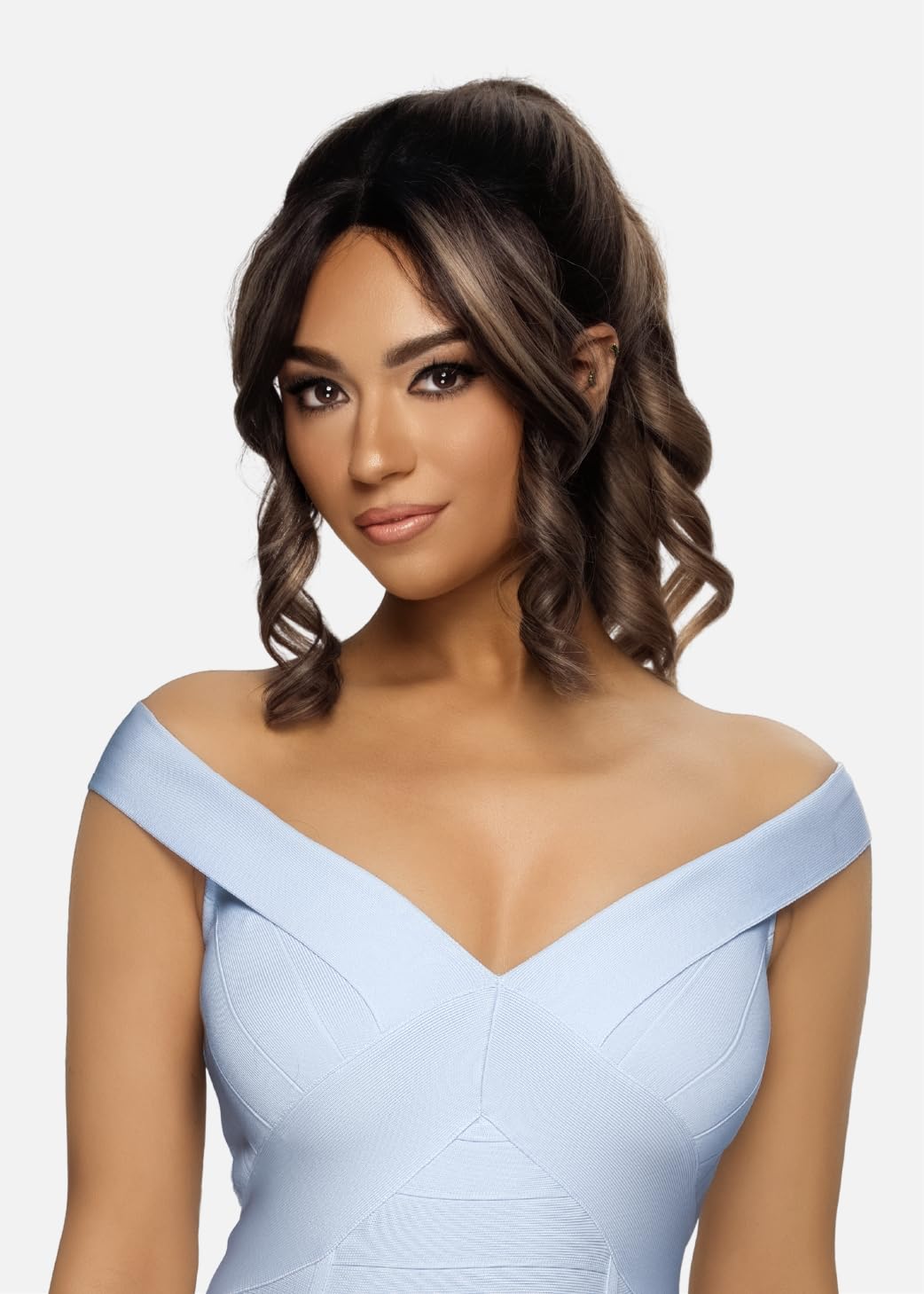 Vivica A. Fox HAZEL 14" Pre-Styled Romance Curl w/Natural Bang & Ponytail, Baby Hair, Heat Resistant, 2 in 1 Versatile and Trendy, Rotate Part, Pre-Ponytailed Frontal HD Lace Part Wig (FS1B/30)