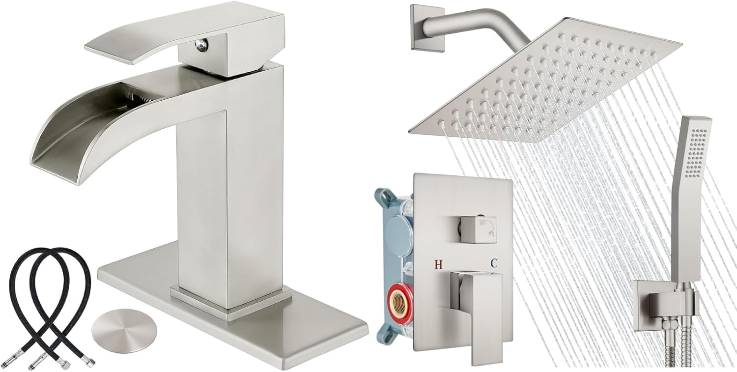 Midanya Brushed Nickel Single Handle Slotted Waterfall Vanity Bathroom Sink Faucets with 8 Inch Brushed Nickel Wall Mount Rain Shower System Square Shower Faucet Set