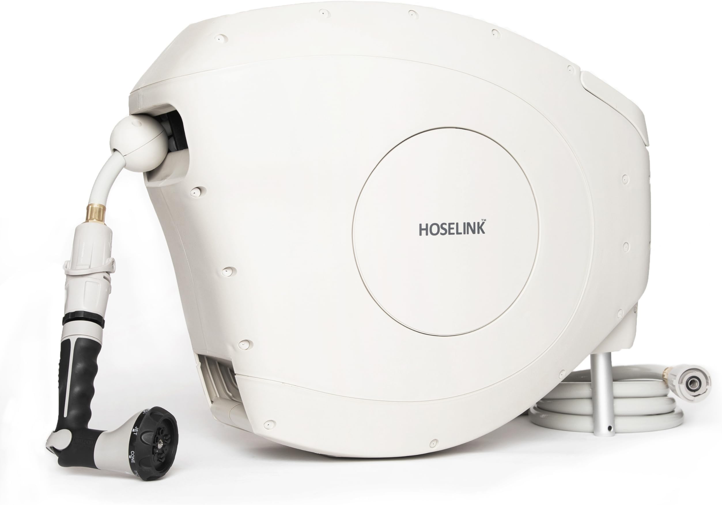 HOSELINK Automatic Retractable Garden Hose Reel with 8-Pattern Spray Nozzle, Wall Mounted Complete Watering Solution for Backyard, Garden, and Outdoor, 9/16" x 82-feet