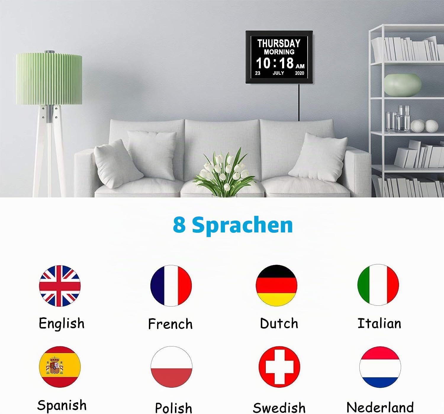 8 Zoll Wecker Digital mit Automatische Helligkeitsanpassung, Leiser LCD-Display-Wecker mit Luftfeuchtigkeit und Temperatur für Erwachsene und Kinder und Alzheimer-Krankheit (8zoll-Schwarz)