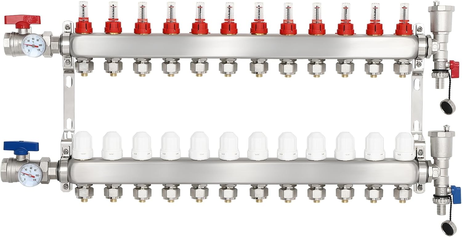 Dollate 12-Loop Radiant Floor Heating Pex Manifold Stainless Steel Floor Heat Manifold Kit With for Hydronic Radiant Floor Heating