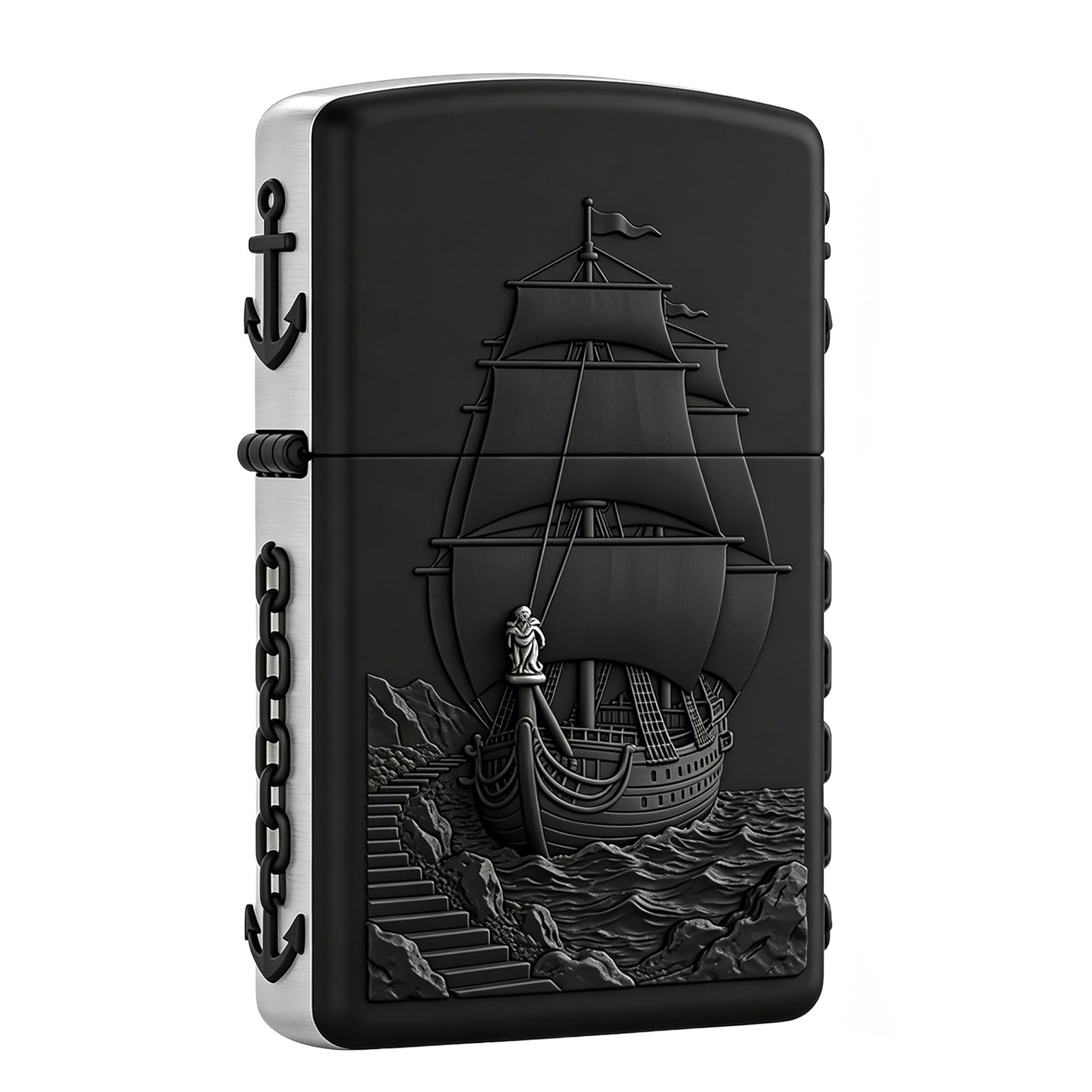 3D Sailboat Carving Flint Kerosene Lighter Windproof Flip Top Wheel Grinding Open Flame Fire Lighter for Daily Use (A)