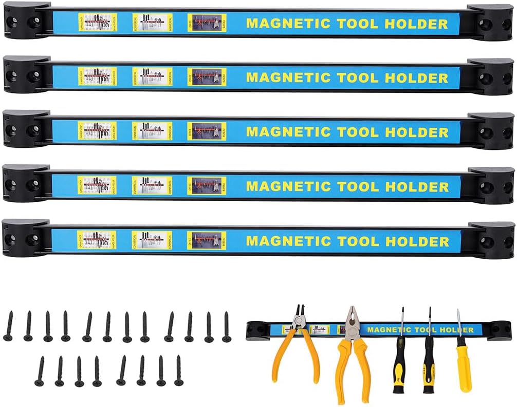 18-Inch Magnetic Tool Holder Set (5-Pack), Heavy Duty Steel Tool Organizer with Strong Neodymium Magnets, Wall-Mounted Magnetic Tool Strip for Garage, Workshop, Workbench & Kitchen