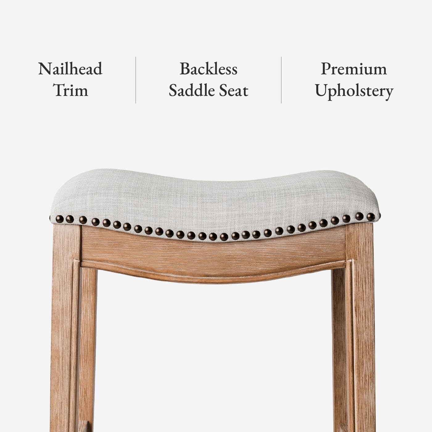 Maven Lane Adrien Backless Bar Stool – Set of 2 – 31 Inch Saddle Seat with Footrest – Natural Solid Wood Frame & Light Grey Fabric Upholstery – Ideal for Bars, Pub Tables & Tall Kitchen Counters