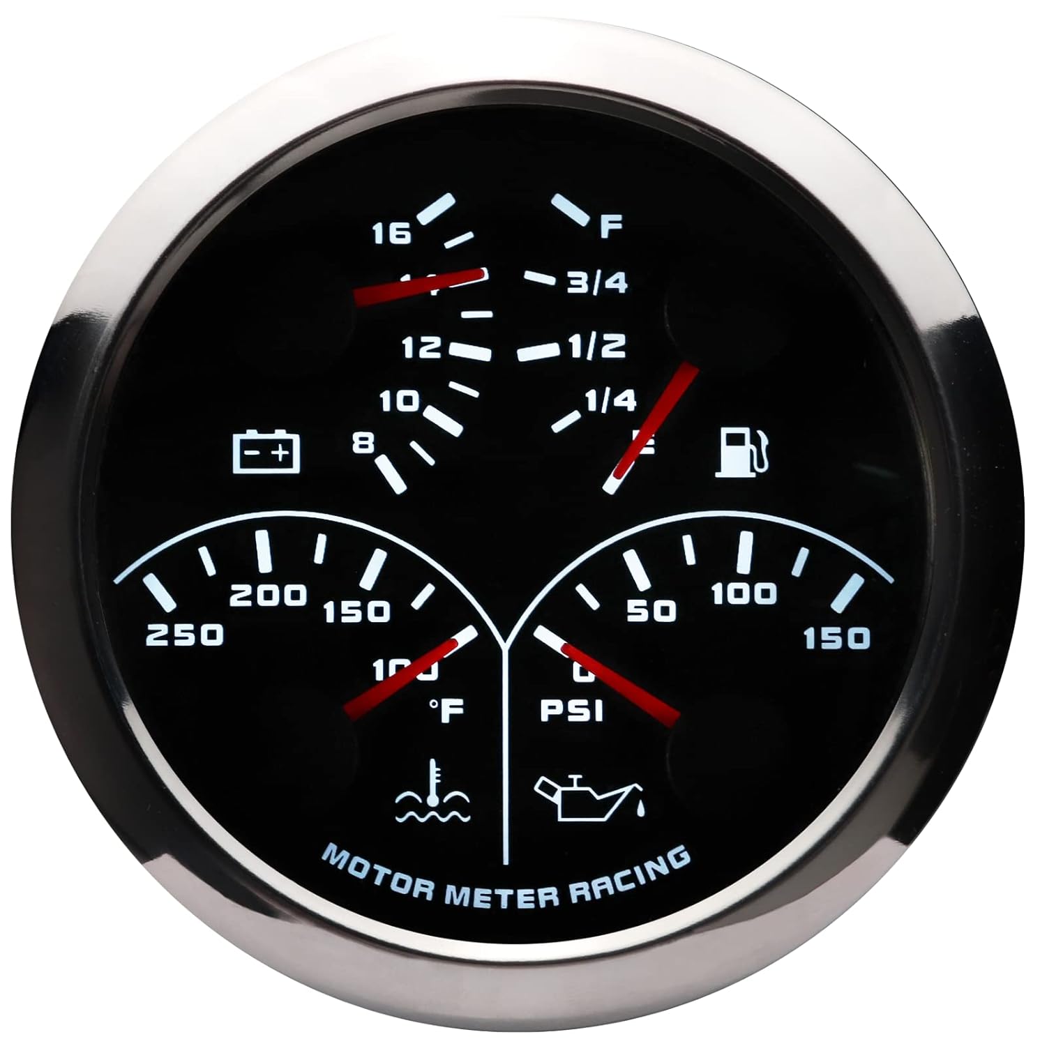 MOTOR METER RACING W Pro Series 85mm 3-3/8" 4 in 1 Multi-Function Gauge Water Temperature °F Oil Pressure PSI Fuel Level 240-33 ohms Voltage 12 Volt Black Dial White LED Waterproof