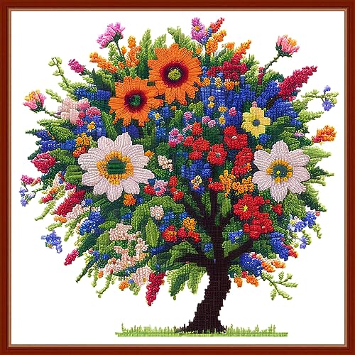 Image of Dimensean Stamped Cross Stitch Kits Full Range of Embroidery Patterns Starter Kits for Beginners Adult DIY Cross Stitches Needlepoint Kits 11CT-Colorful Tree 17.7x17.7 inch