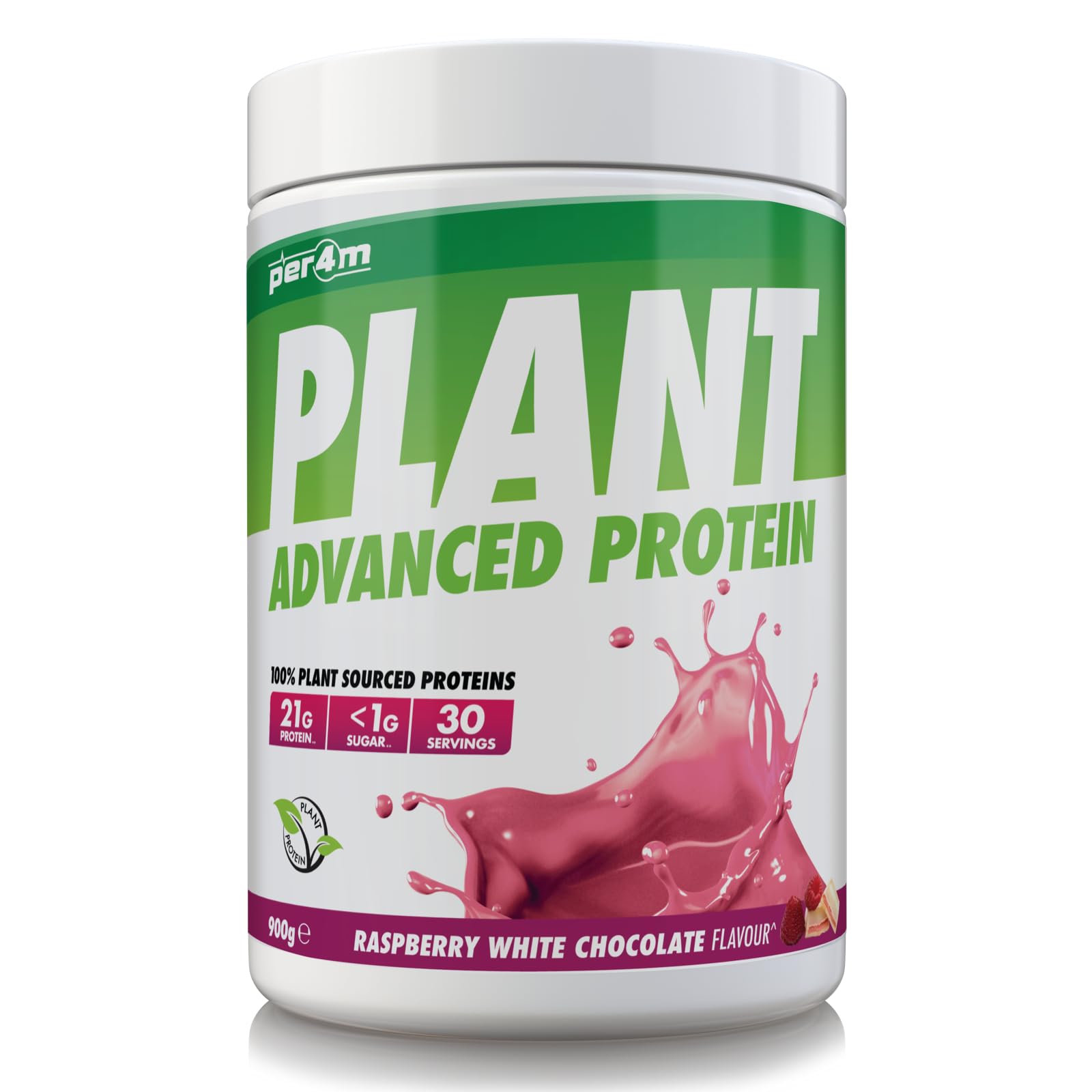 Per4m Plant Protein, veganes Pflanzenprotein, vollständiges Aminosäureprofil aus Pflanzenquellen, unterstützt Muskelaufbau & Erholung, für innere Balance täglich – Himbeere-Weiße-Schokolade – 900g