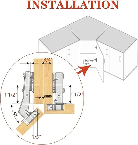 Miniatura 4 de TamBee Armario de esquina de 45 grados, bisagras interiores de gabinete de cocina, puerta plegable de esquina, bisagra de puerta de acero inoxidable