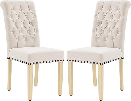 Miniatura 32 de LOULENS Juego de 2 sillas de comedor de tela, modernas sillas Parson tapizadas de lino con ribete de cabezas de clavos, botones acolchados, patas de