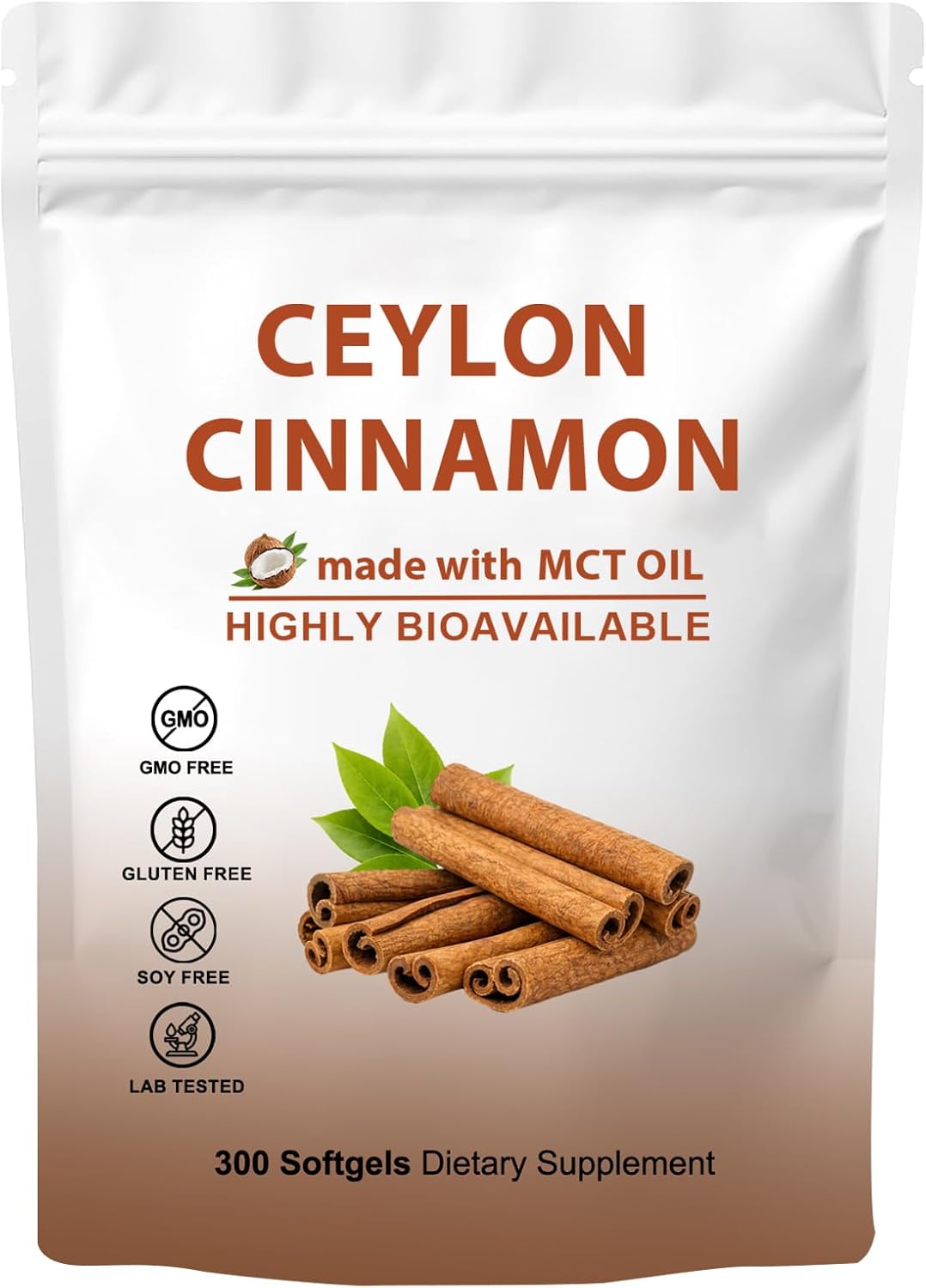 Ceylon Cinnamon Made with MCT Oil - 300 Softgels, Non-GMO & Gluten Free, Premium Ceylon Cinnamon Formula