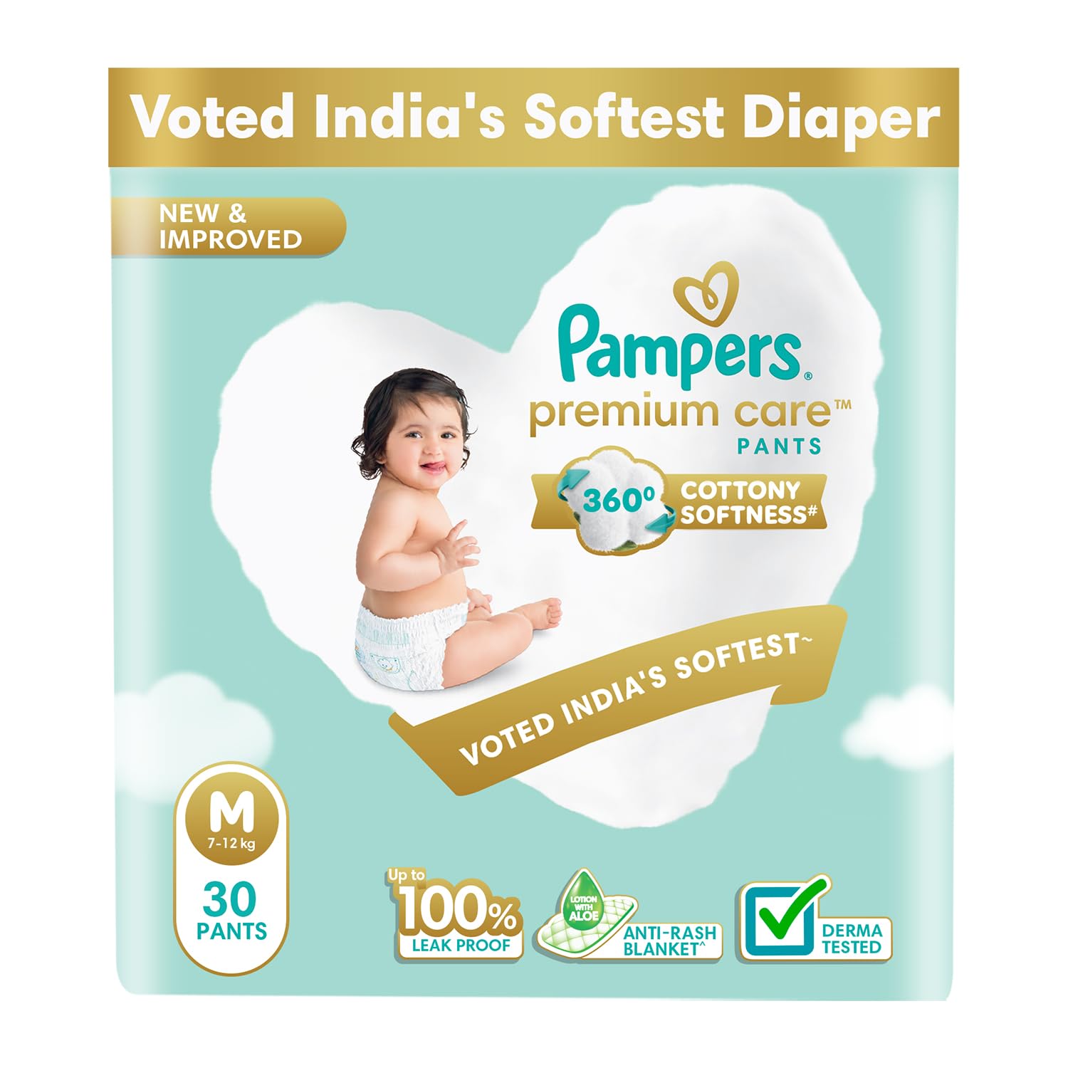 Pampers Premium Care Pant Style Baby Diapers, Medium (M size), 30 Count, 7-12kg, All-in-1 with 360 Cottony Softness Diapers