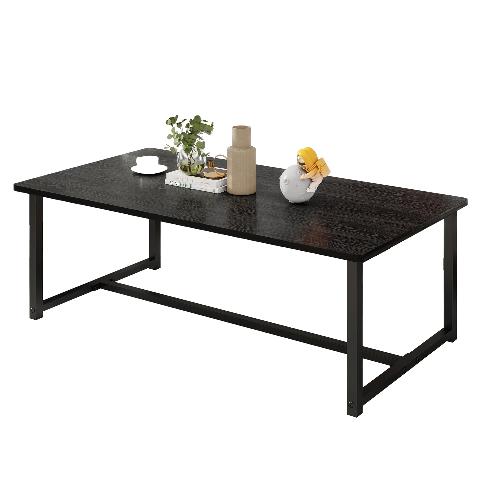 Mesa auxiliar rectangular negra para sala de estar, mesa auxiliar de espacio abierto con marco de metal, fácil montaje, mesa de centro de madera 5