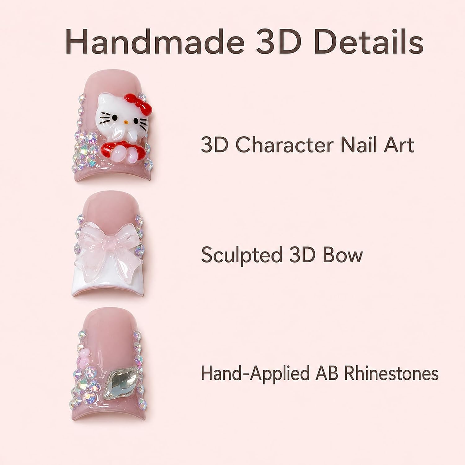 Handmade Press on Nails, Cat Bow Crystal Short Duck, Size S
