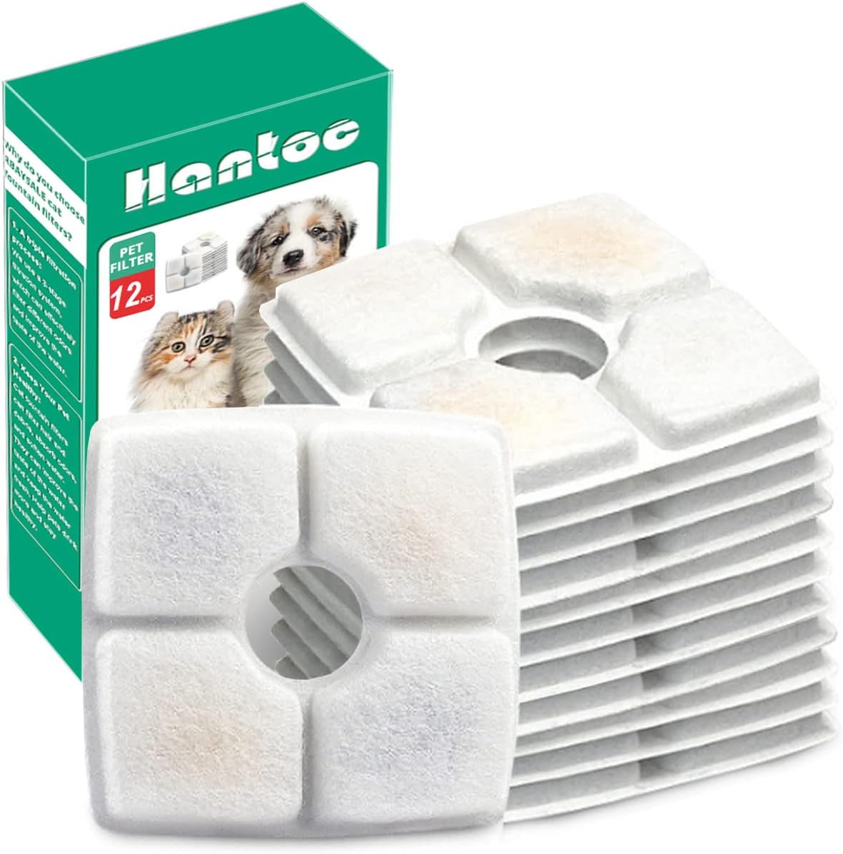12 Stück Ersatzfilter für Trinkbrunnen – Katzenbrunnen-Filter für Katzen und Hunde mit Harz und Aktivkohle, 2,5L Quadrat
