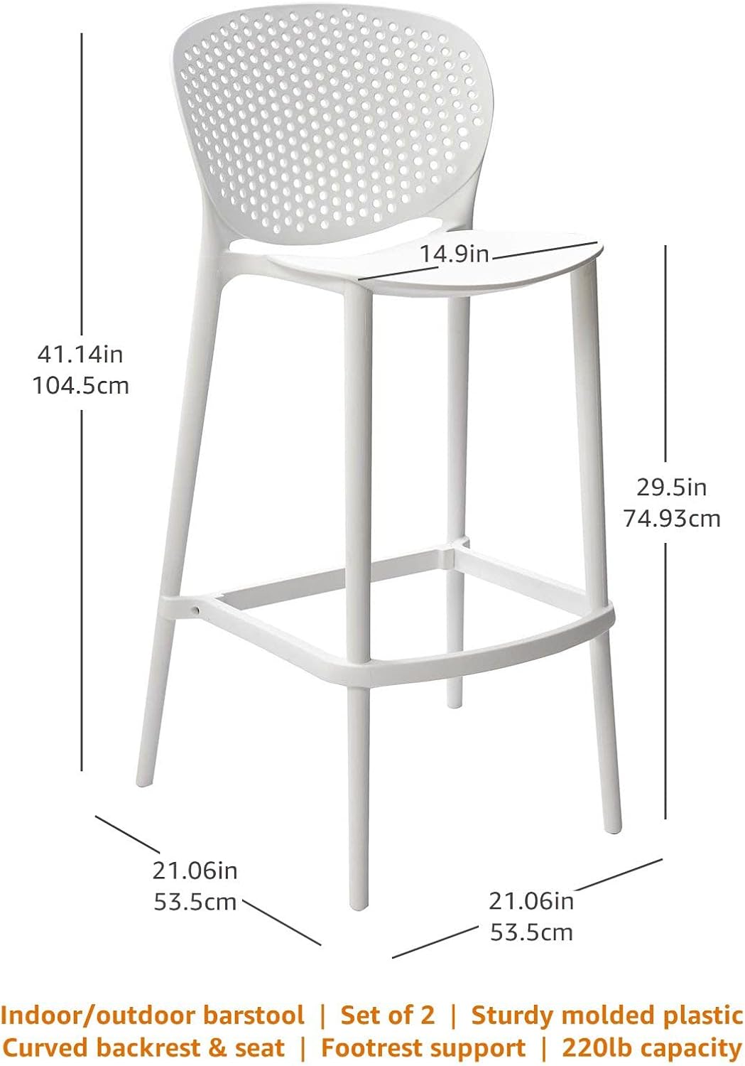 Amazon Basics High Back Indoor Molded Plastic Barstool with Footrest, Set of 2 - White