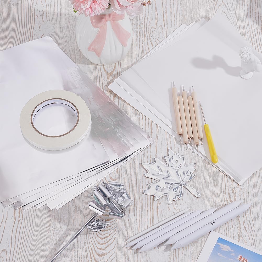 OLYCRAFT 40Pcs Tin Aluminum Art Paper Kit Metal Embossing Kit Include Aluminum Embossing Foil Sheets Tracing Paper Cardboard Awls Alloy Pens Blenders Tape for DIY Handcraft Supplies