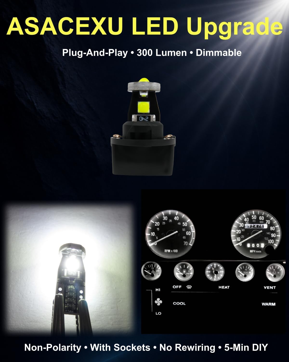10Pack Dash Instrument Gauge Cluster LED Bulb Kit with Sockets, Includes Indicator & Warning Lights, for Jeep Wrangler 1987-1991, Non-Polarity, Plug and Play Dimmable White
