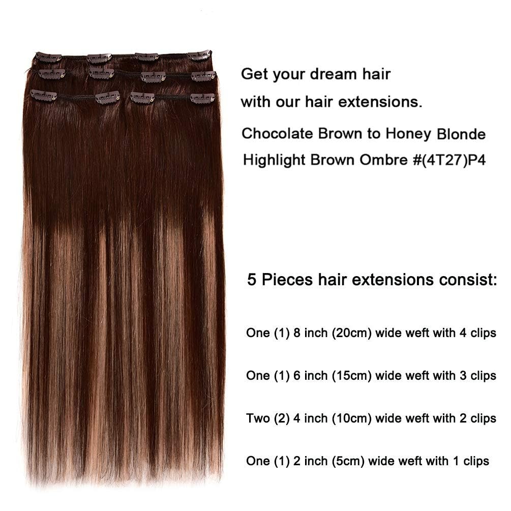5 Pieces 18" Remy Clip in Hair Extensions Human Hair Chocolate Brown to Honey Blonde Highlight Brown Ombre - Silky Straight Short Thick Real Hair Extensions for Women (18 inches, (4T27) P4, 90grams)