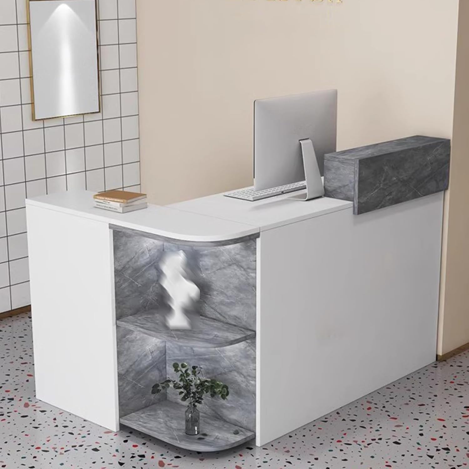 Reception Desk, L Shaped Front Counter Desk, Counter Desk, Reception Counter With Large Storage, Checkout Counter, Reception Table for Salon Reception Room Checkout Office(Gray (L),120cm/47.2