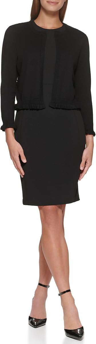 DKNY Women's 3/4 Sleeve Jewel Neck Lace Back Ruffle Cuff and Hem Waist Length Shrug