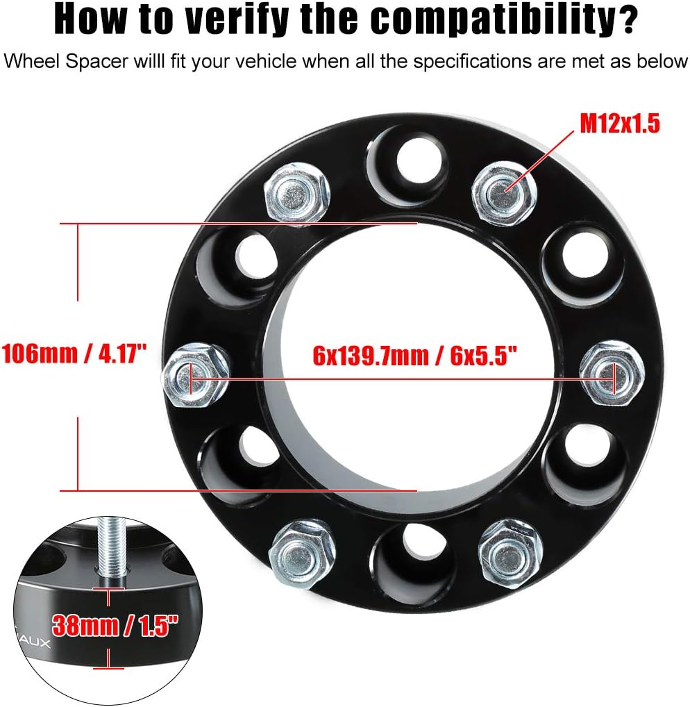 X AUTOHAUX 4pcs 6 Lug 1.5'' Thickness Wheel Spacers Adapter 6x5.5" Hub Centric Wheel Spacers Adapters with 106mm Hub Bore Black for Toyota for Lexus