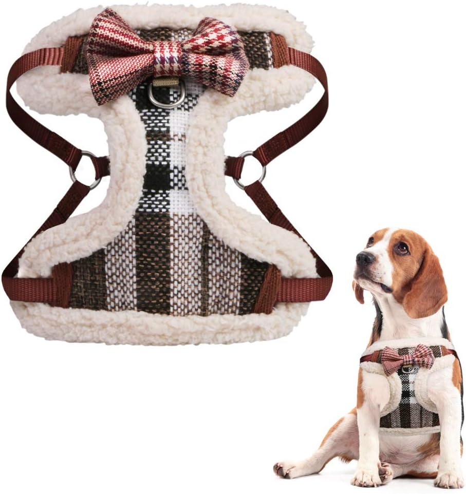 PETBABA Christmas Dog Harness, Soft Fleece Vest Warm Puppy in Winter, Front Clip Provide No Pull Choke Free Walk, Bow Tie Plaid Fit…