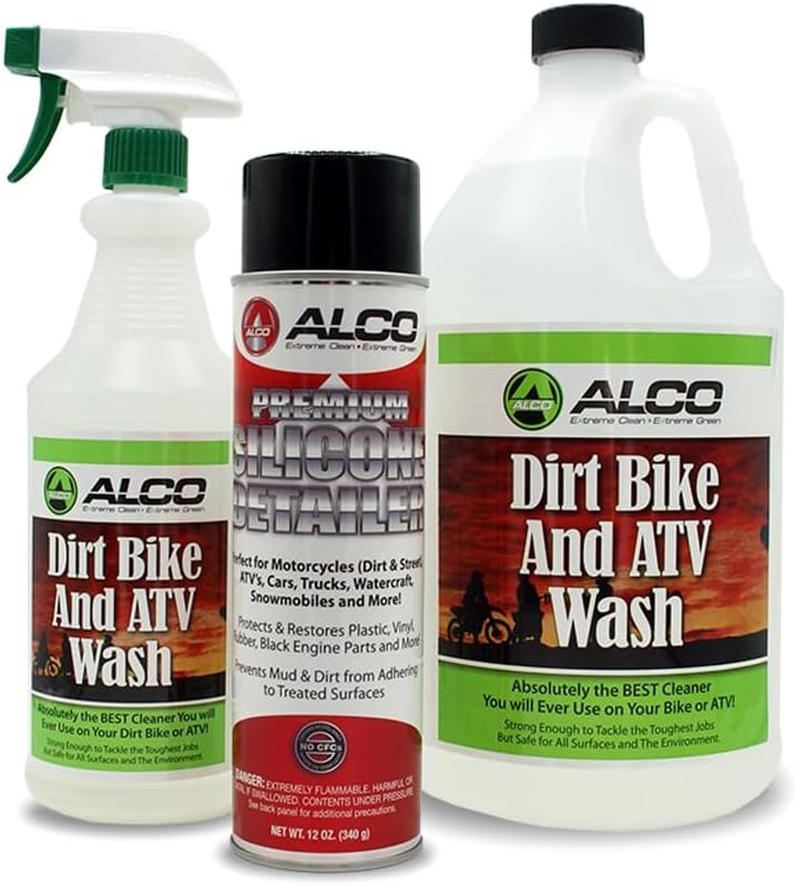 ALCO Dirt Bike and ATV Wash and Premium Silicone Detailer Bundle - Pack of (1) 32 oz., Spray Bottle, (1) Gallon Jug, and (1) 14 oz., Aerosol Detailer