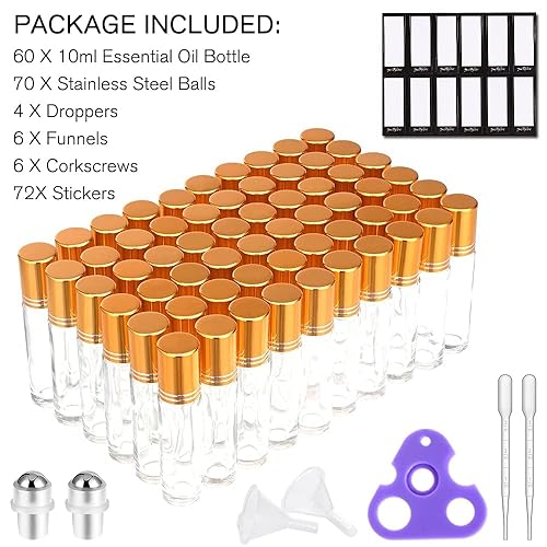 Miniatura 7 de PrettyCare Botellas enrollables de aceite esencial de 0.3 fl oz (0.3 fl oz) (botella de vidrio transparente, paquete de 24 unidades, 4 bolas de