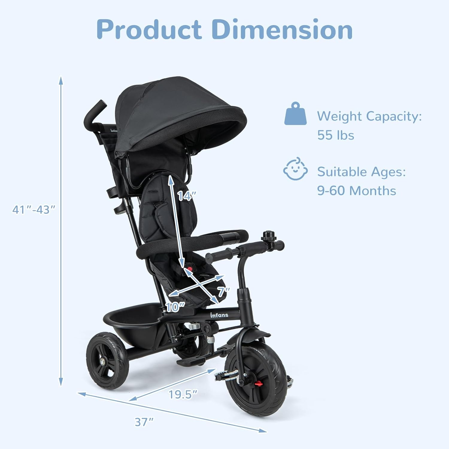 Diagram showing the product dimensions of the INFANS Kids Tricycle