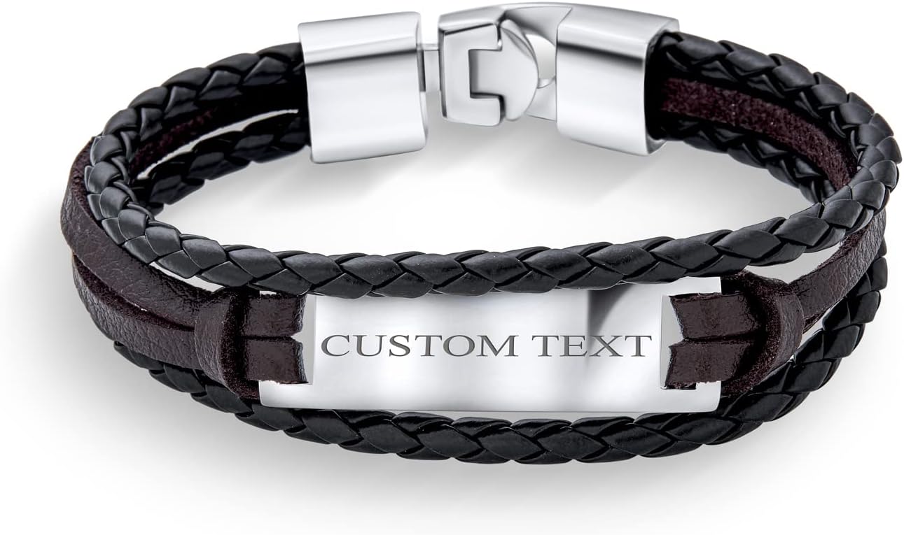Bling Jewelry Unisex Personalize Black Rope Cord Brown leather Stacking Multi Strand Identification Name Bracelet For Men Teens Silver Tone Stainless Steel Custom Engraved