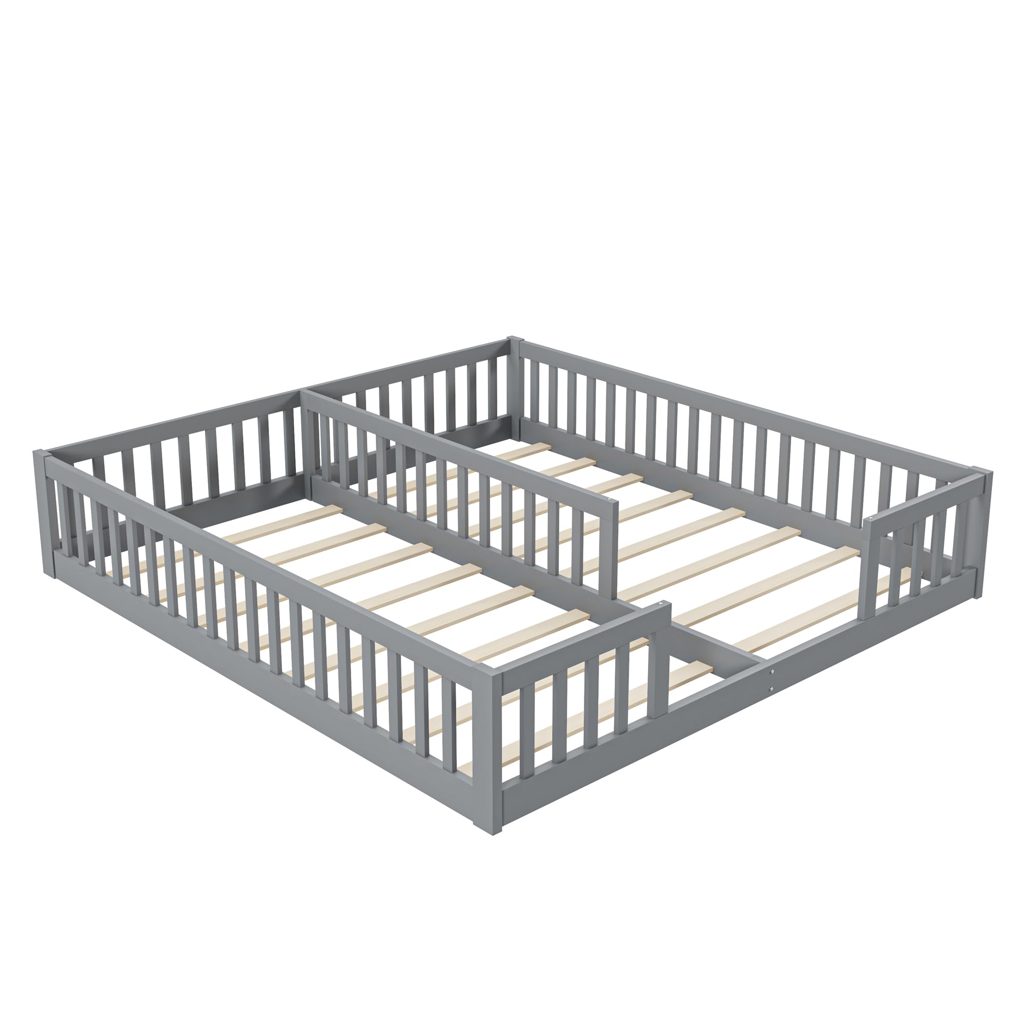 Lettino da pavimento 90 x 200 cm, con rete di sicurezza, in legno di pino, per famiglie con 2 bambini, letto gemellare con rete a doghe, grigio