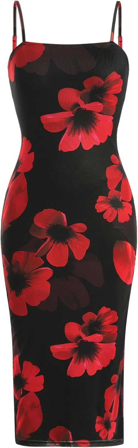 Verdusa Women's Spring Dresses Hawaiian Tropical Floral Slimming Dress Sun Midi Sundresses Split Vacation Outfits