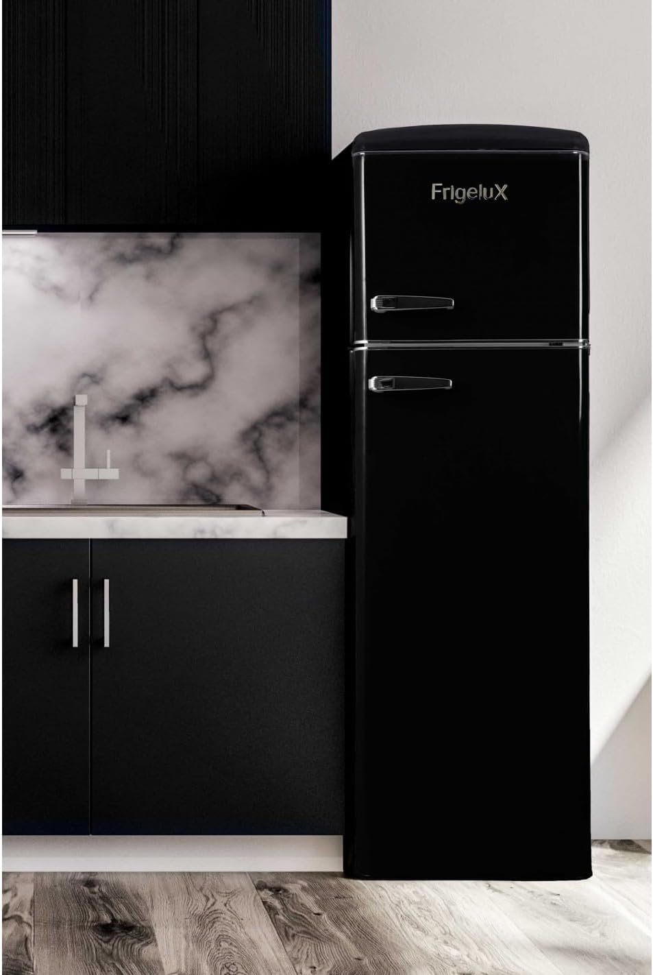 FrigeluX Retro Vintage Refrigerator placed in a modern kitchen setting.
