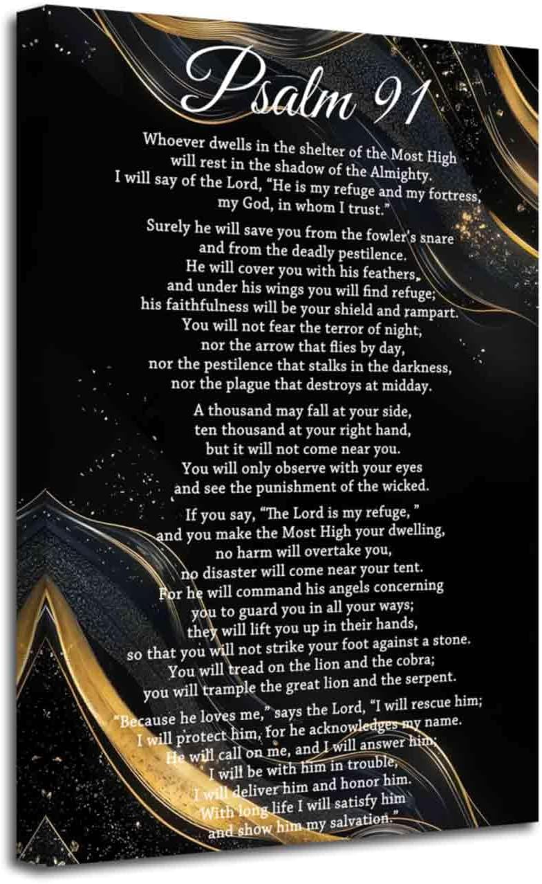 ANCROUTERY Psalm 91 Wall Art Christian Bible Verses Picture Inspirational Quotes Canvas Prints Scripture Poster Abstract Black Gold Marble Texture Artwork Prayer Room Decor (Black, (18L x 12W))