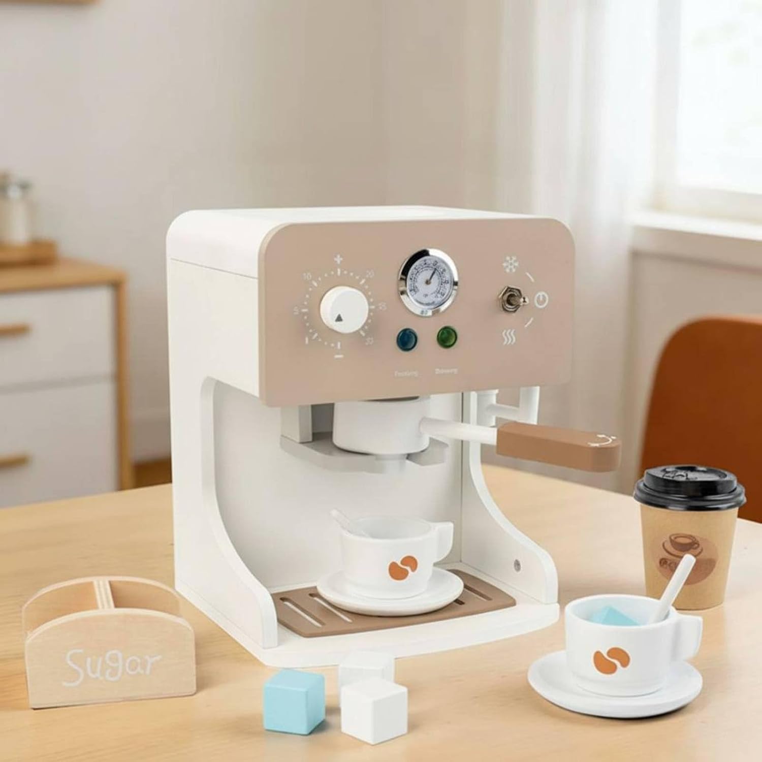 Wooden Coffee Machine Toy Imagination Wooden Toy Pretend Play Wood Coffee Maker Playset for Preschoolers