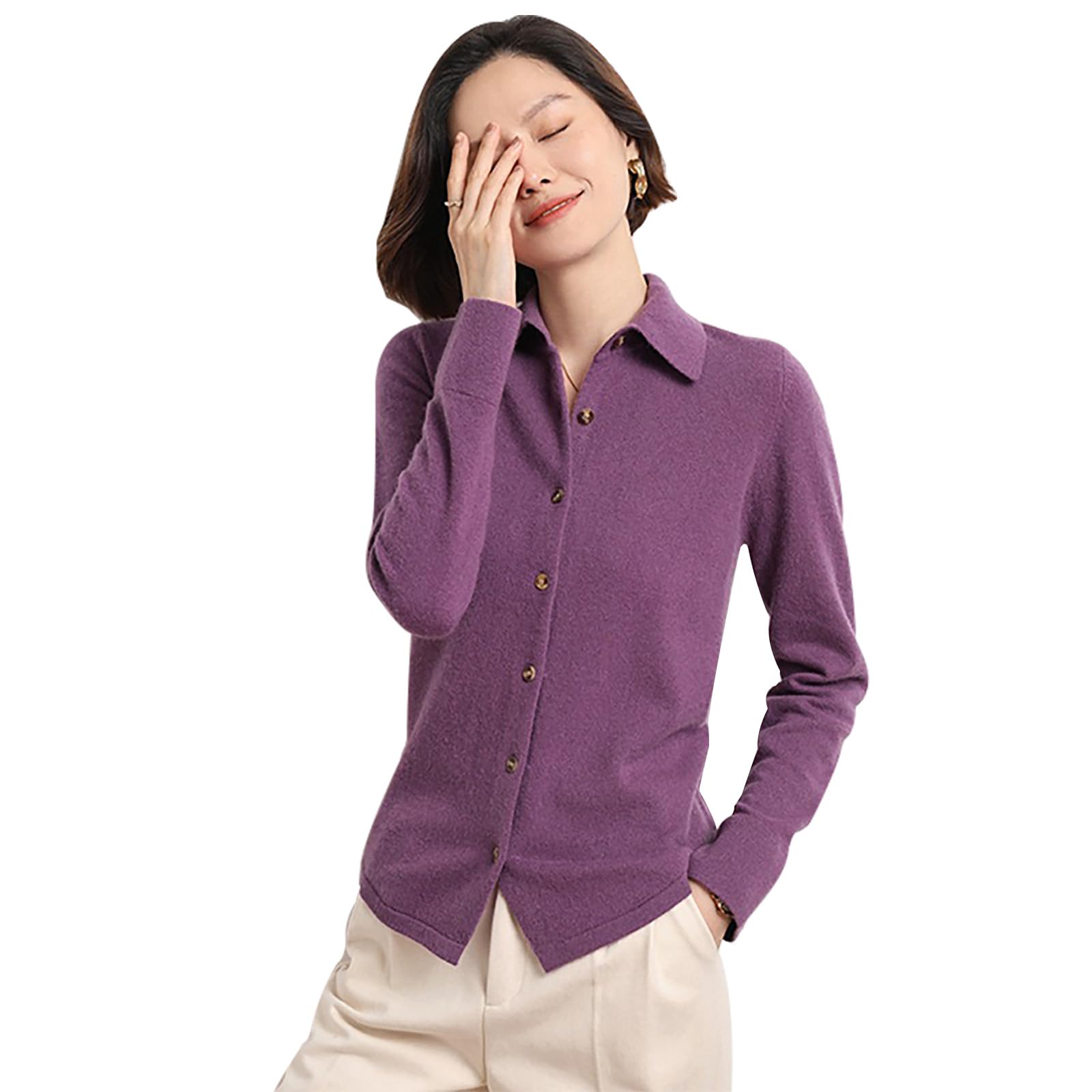 Women's Polo Cardigan Sweater Solid Button Long Sleeve Classic Neck Knit Cardigan Sweater Casual